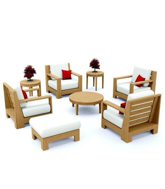8 Piece Canberra Lounge Set: 4 Lounge Chairs, Ottoman, Noida Round Side Tables with Noida Round Coffee Table