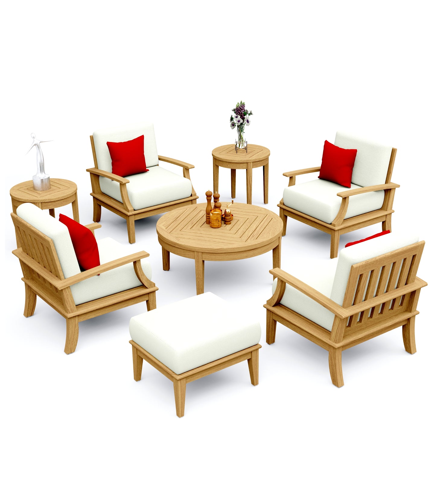 8 Piece Somer Lounge Set: 4 Somer Chairs, Ottoman, Round Coffee Table and Round Side Tables