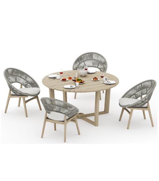 Sema Round Dining Table with Robas Dining Chairs - Weathered Teak