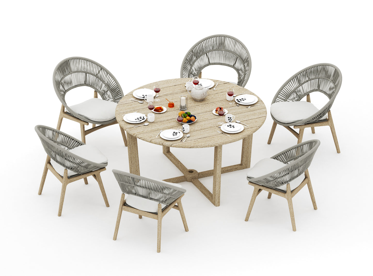Sema Round Dining Table with Robas Dining Chairs - Weathered Teak