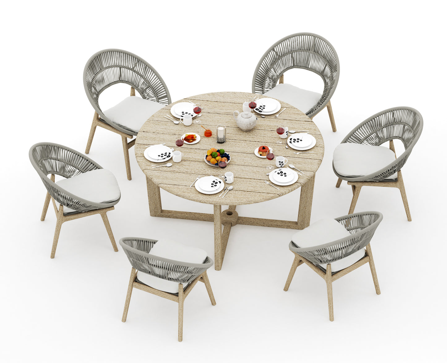 Sema Round Dining Table with Robas Dining Chairs - Weathered Teak