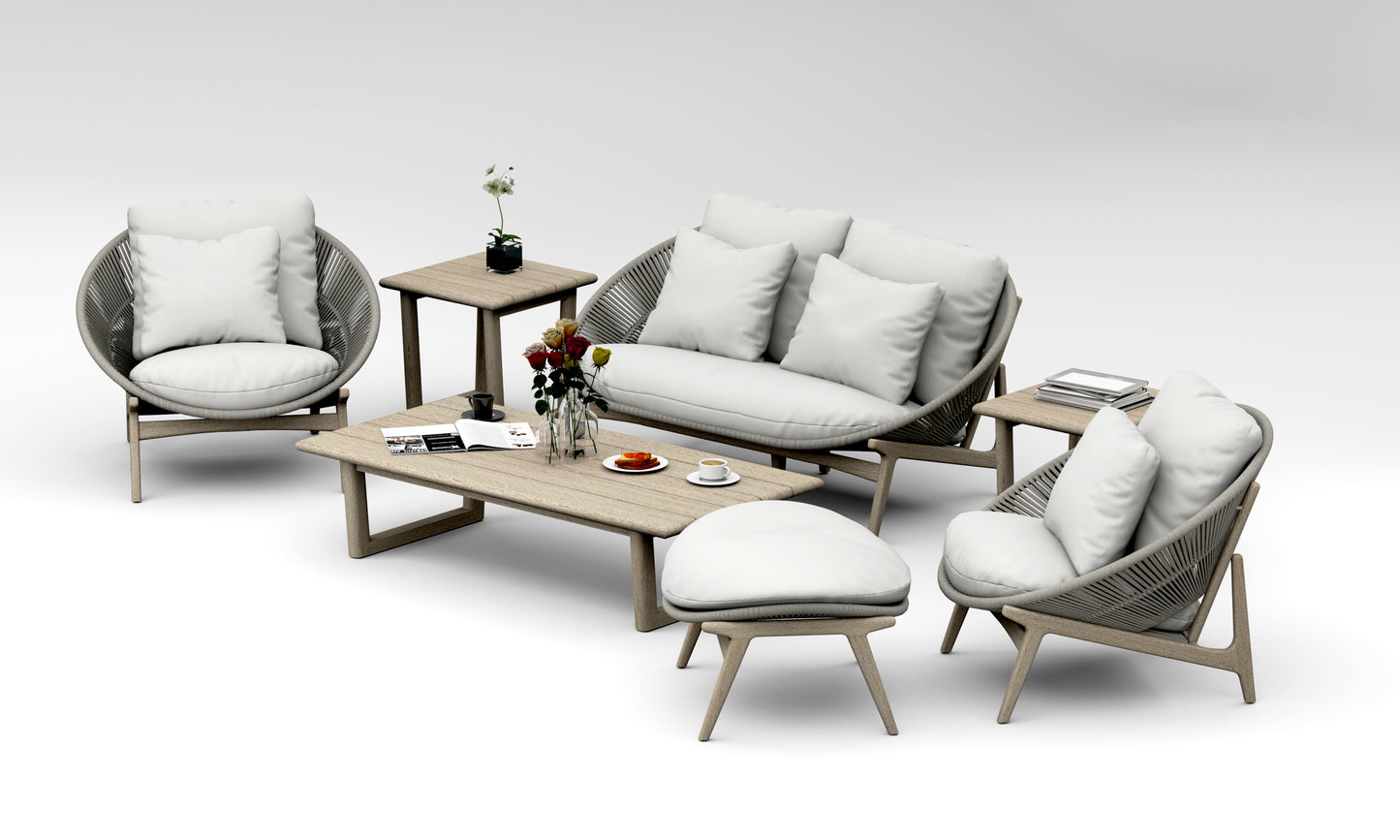 7 Piece Robas Lounge Set: Sofa, Lounge Chairs, Ottoman with Sema Accent Tables (Weathered Teak)