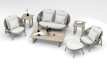 7 Piece Robas Lounge Set: Sofa, Lounge Chairs, Ottoman with Sema Accent Tables (Weathered Teak)