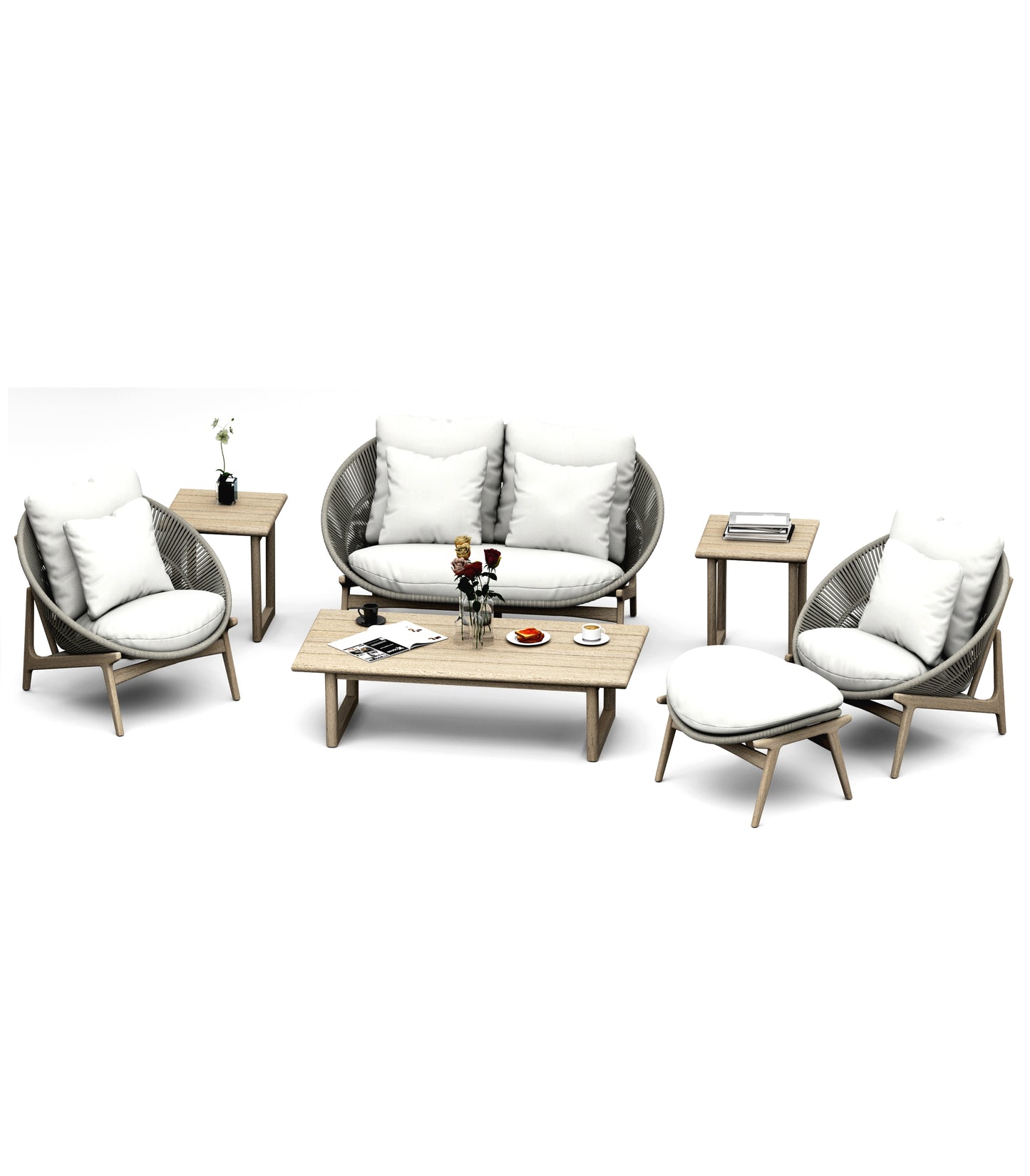 7 Piece Robas Lounge Set: Sofa, Lounge Chairs, Ottoman with Sema Accent Tables (Weathered Teak)
