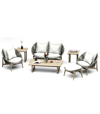 7 Piece Robas Lounge Set: Sofa, Lounge Chairs, Ottoman with Sema Accent Tables (Weathered Teak)