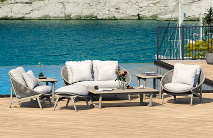 7 Piece Robas Lounge Set: Sofa, Lounge Chairs, Ottoman with Sema Accent Tables (Weathered Teak)